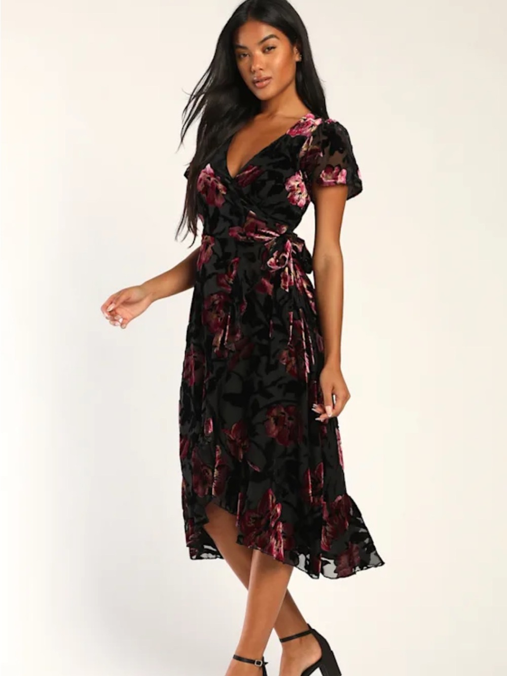 Lulus chic Status Black Floral Velvet Burnout Wrap Midi Dress small